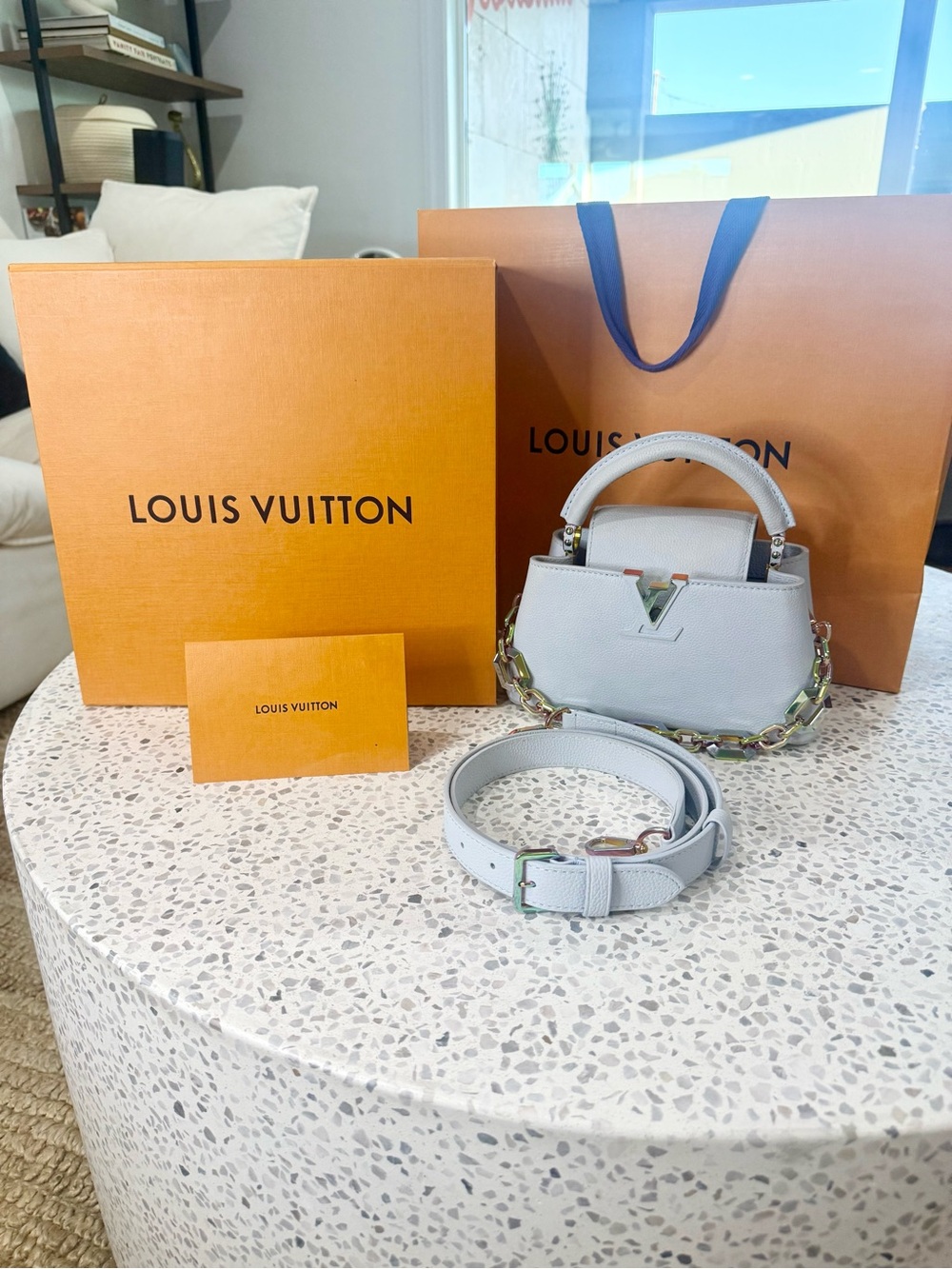 Louis Vuitton Mini Capucines Top Handle Bag in Light Gray with Iridescent Chain